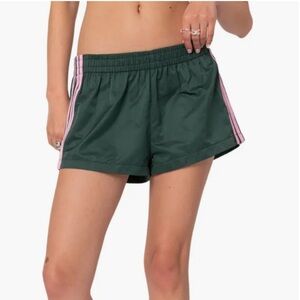 Edikted Nikki Stripe Nylon Shorts (Dark Green/Pink), Size Small